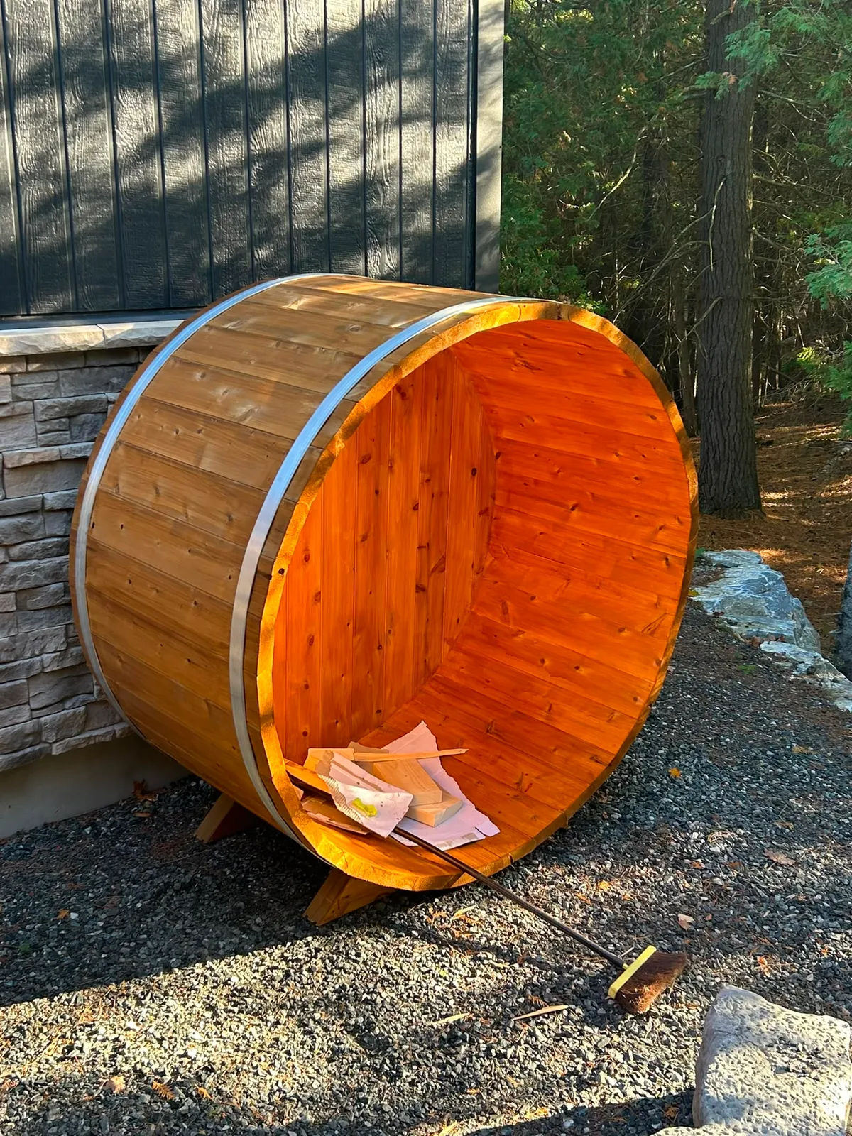 Cedar barrel sauna freshly oiled